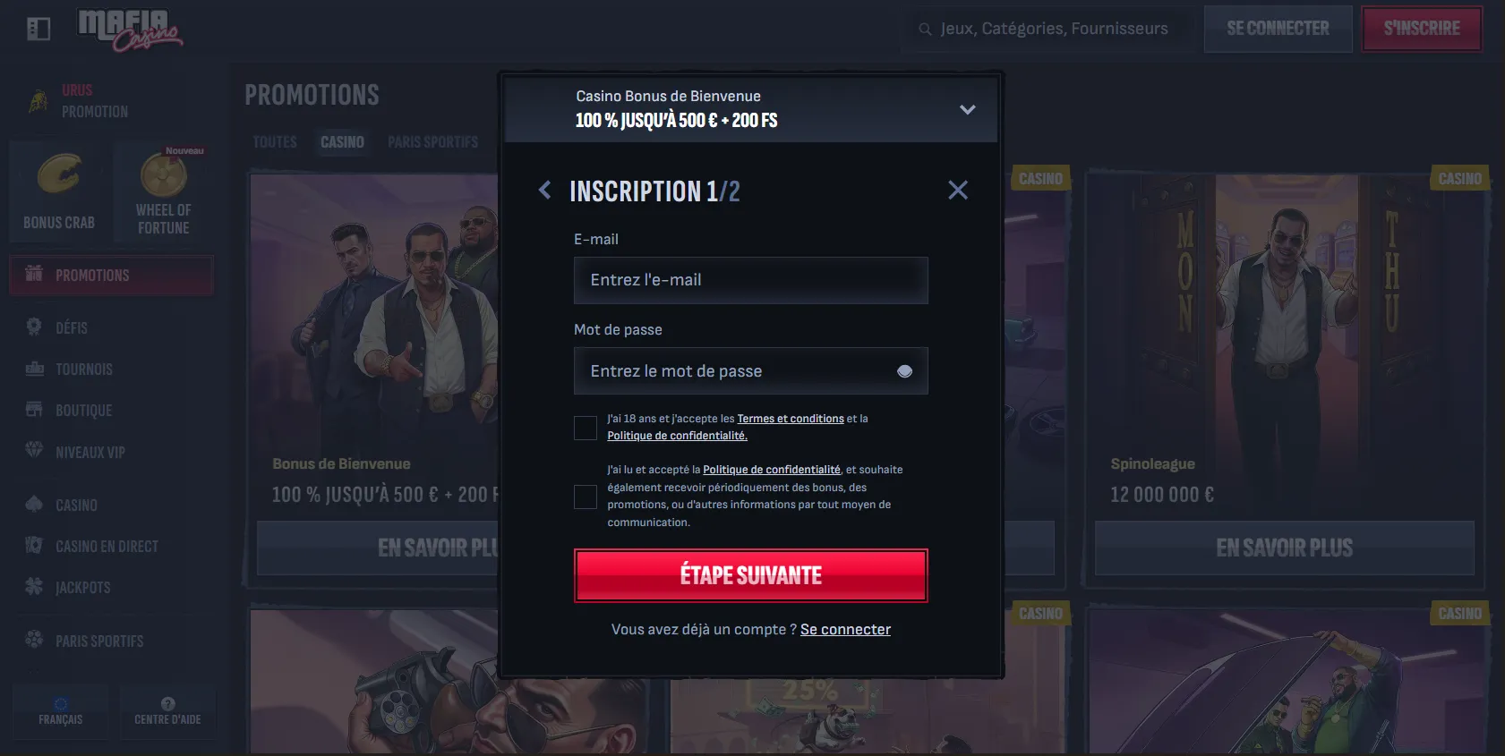 Inscription et connexion Mafia Casino en ligne